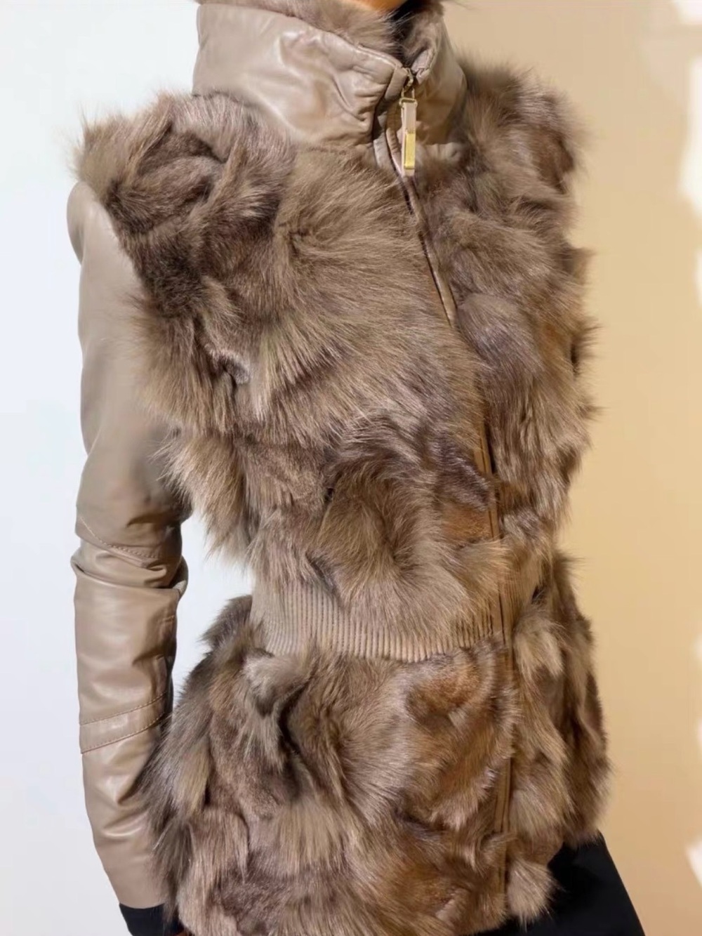 Vintage Genuine Fox Fur & Sheepskin Leather Jacket Taupe Dusty Mauve